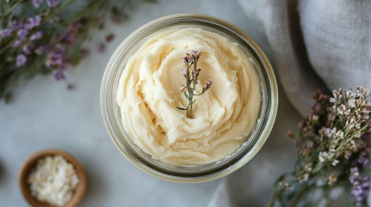 VIOLET SUN calming floral body butter in glass jar with whipped texture, topped with lavender sprig. Deeply moisturizing and soothing for skin care.